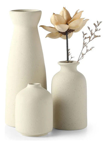 3 Floreros Norplat - Jarron Cerámica Decorativos Para Mesa Crema Lisa