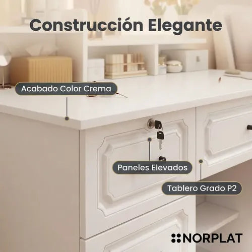 Tocador Norplat Con Espejo 4 Cajones Comoda Organizador Blanco