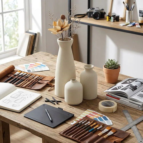 3 Floreros Norplat - Jarron Cerámica Decorativos Para Mesa Crema Lisa