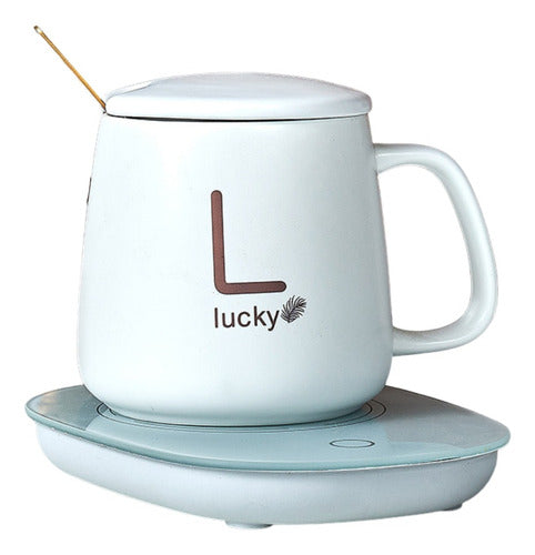 Taza Con Calentador Eléctrico Cuchara Caja De Regalo Cafe Te Blanco Lucky