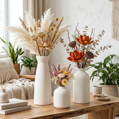 3 Floreros Norplat - Jarron Cerámica Decorativos Para Mesa Blanco Lisa