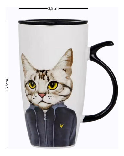 Taza Tazón Grande Gato 650ml Tapa Cuchara Bombilla - Norplat 02 - Blanco