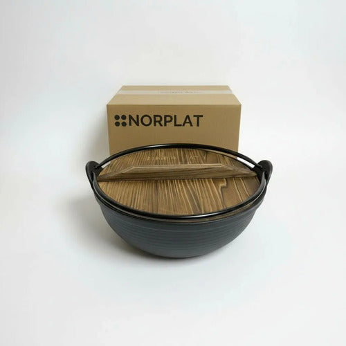 Olla Hierro Fierro Fundido + Asa + Tapa Madera 25cm Norplat Negro