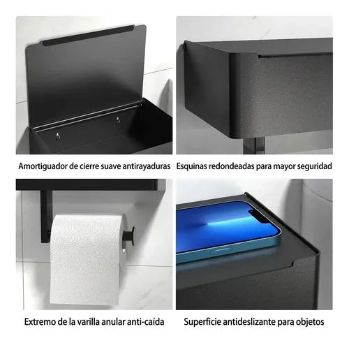 Soporte Porta Rollo Papel Higienico Norplat Confort Y Wipes Negro