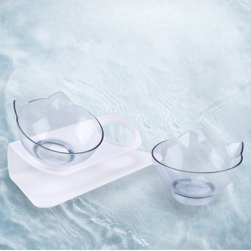 Plato Doble Para Mascotas Con Forma De Gato 15° - Wuf Blanco