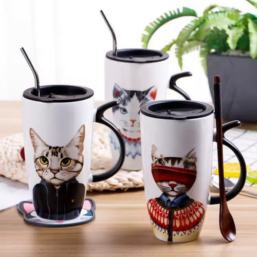 Taza Tazón Grande Gato 650ml Tapa Cuchara Bombilla - Norplat 02 - Blanco