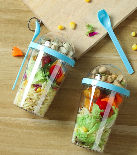 Norplat Set 2 Vasos Yogurt Cereal 400ml Tapa Cuchara Pote Azul Claro