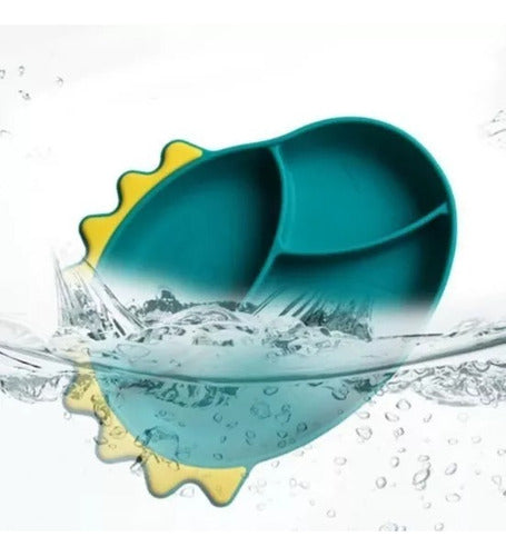 Set Plato De Silicona Dinosaurio Para Bebé Niños + Cubierto Verde Agua / Celeste Dinosaurio Dinosaurio