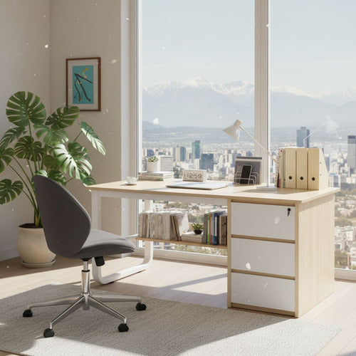 Escritorio Oficina Melamina Metal 3 Cajones 100x50cm Norplat Madera Y Blanco
