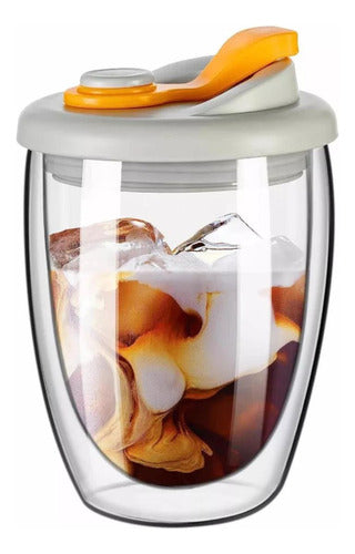 Taza Cafe Doble Vidrio Te Vaso Mug Tapa Antiderrame Norplat Naranja Liso