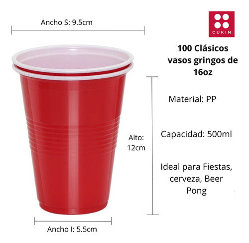 100 Vasos Plásticos Pp 16 Oz / 500 Cc Ml Para Fiesta - Cukin Rojo