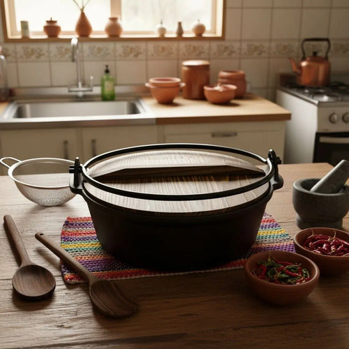 Olla Hierro Fierro Fundido + Asa + Tapa Madera 25cm Norplat Negro