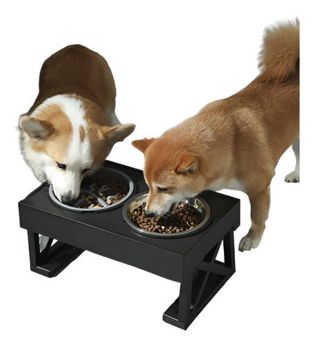 Comedero-bebedero Para Perros Altura Ajustable - Plato Acero Negro