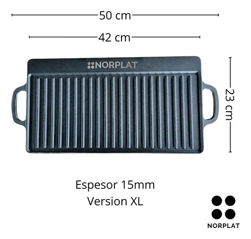Plancha Bifera Norplat Reversible Hierro Fundido 50x23cm Xl Negro