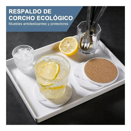6 Posavasos Cerámica Corcho Con Soporte Para Mesa - Norplat Mármol Blanco