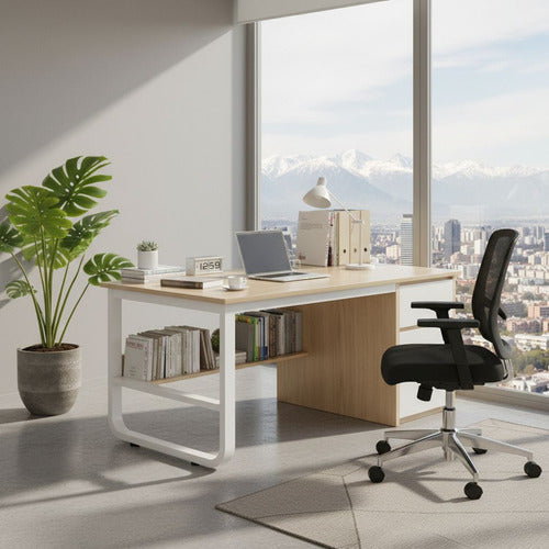 Escritorio Oficina Melamina Metal 3 Cajones 100x50cm Norplat Madera Y Blanco