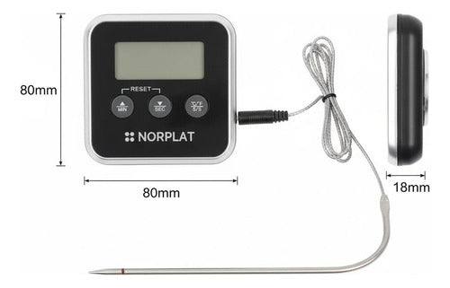 Termómetro Timer Digital Carne Cocina Parrilla Horno Norplat Negro