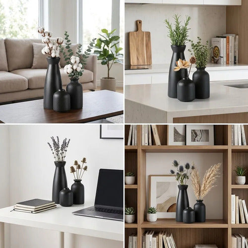 3 Floreros Norplat - Jarron Cerámica Decorativos Para Mesa Negro Lisa
