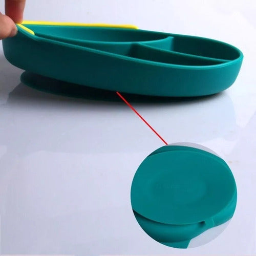 Set Plato De Silicona Dinosaurio Para Bebé Niños + Cubierto Verde Agua / Celeste