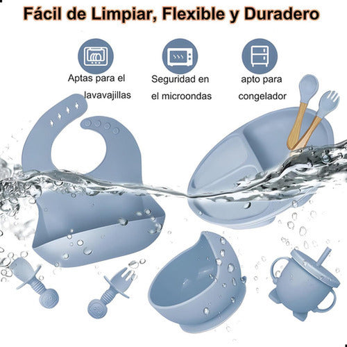 Set Alimentación Bebe Silicona 8 Piezas Bpa Free - Norplat Celeste