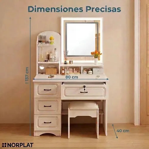 Tocador Norplat Con Espejo 4 Cajones Comoda Organizador Blanco