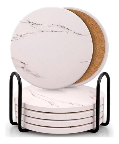 6 Posavasos Cerámica Corcho Con Soporte Para Mesa - Norplat Mármol Blanco