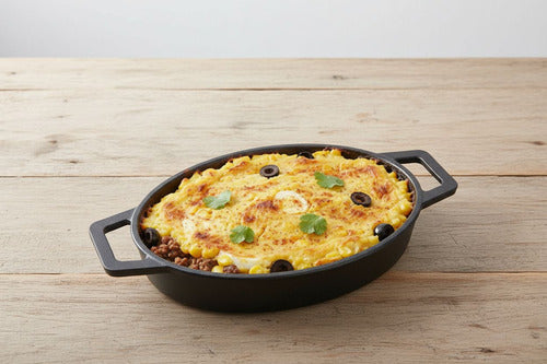 Sartén Cacerola Norplat Hierro Fundido Ovalado + Base Madera Negro