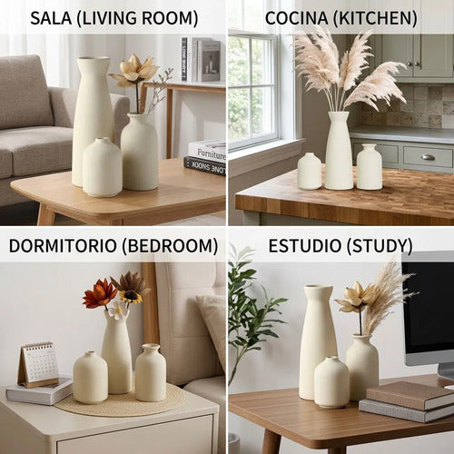 3 Floreros Norplat - Jarron Cerámica Decorativos Para Mesa Crema Lisa