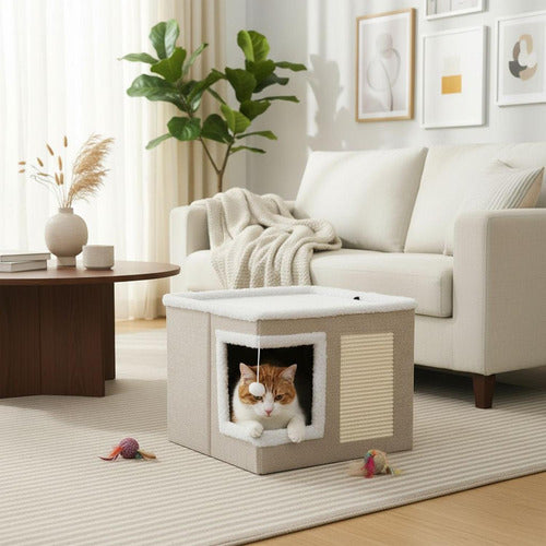 Casa Cama Iglu Gato Plegable + 2 Cojines Y Pompon - Norplat Gris Claro / Crema Iglú