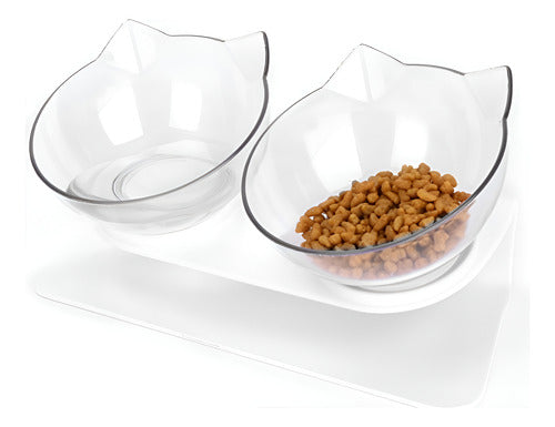 Plato Doble Para Mascotas Con Forma De Gato 15° - Wuf Blanco