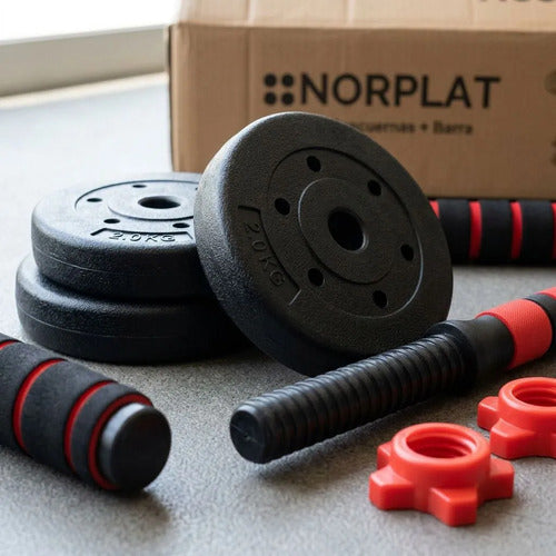 Set Norplat 2 Mancuernas + Barra + 20kg Discos Pesas Rojo Negro