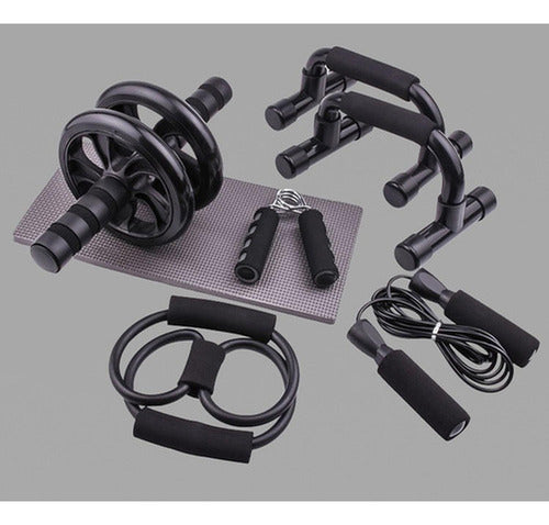 Set Deportivo 7 En 1 Rodillo Rueda Abdominal Cuerda Norplat Negro