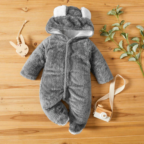 Pijama Polar Bebe Termico Norplat Enterito Orejitas Osito Gris Oscuro Liso 3 A 6 Meses