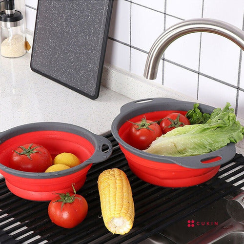 Colador Plegable Para Lavar Fruta O Verdura - Cukin Gris Y Rojo