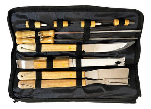 Set Parrillero 10 Herramientas Con Bolso Kit Asado - Norplat Madera Clara