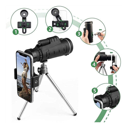 Telescopio Monocular Hd 40x60 Tripode Y Adaptador - Norplat Negro