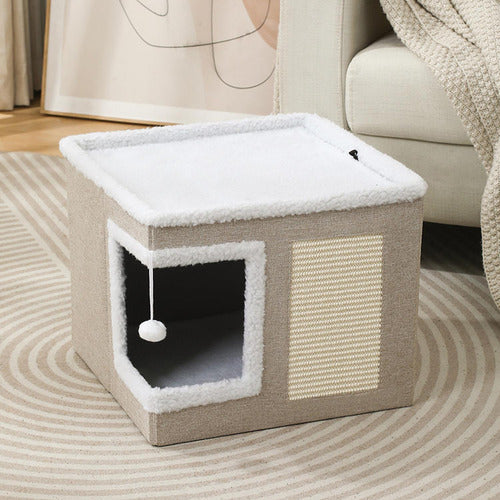 Casa Cama Iglu Gato Plegable + 2 Cojines Y Pompon - Norplat Gris Claro / Crema Iglú