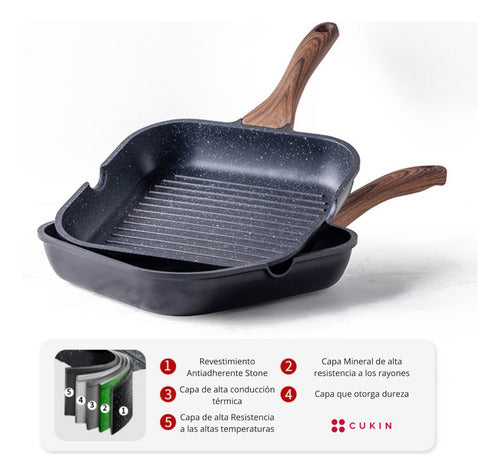 Plancha 28 Cm Antiadherente Aluminio Fundido Grill - Cukin Negro