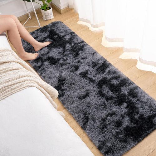 Alfombra Bajada De Cama Peluda 160x60cm 3cm Suave - Norplat Gris Oscuro Y Negro Liso