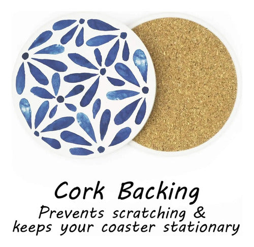6 Posavasos Cerámica Corcho Con Soporte Para Mesa - Norplat Azul Hojas