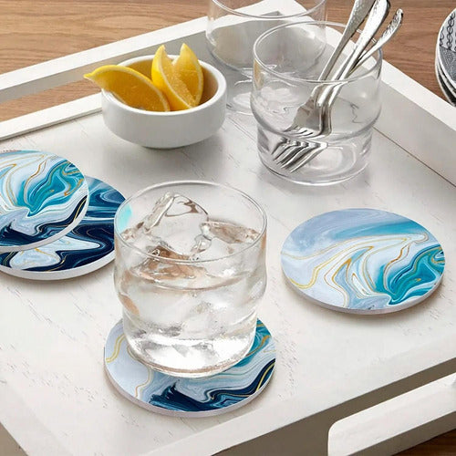 6 Posavasos Cerámica Corcho Con Soporte Para Mesa - Norplat Mármol Azul Turquesa