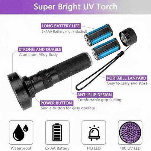 Linterna Ultravioleta Uv 100 Leds Pila Billete Falso Norplat Ultravioleta Negro