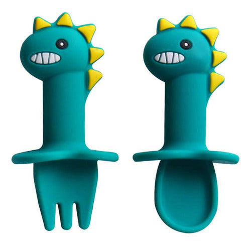 Set Plato De Silicona Dinosaurio Para Bebé Niños + Cubierto Verde Agua / Celeste