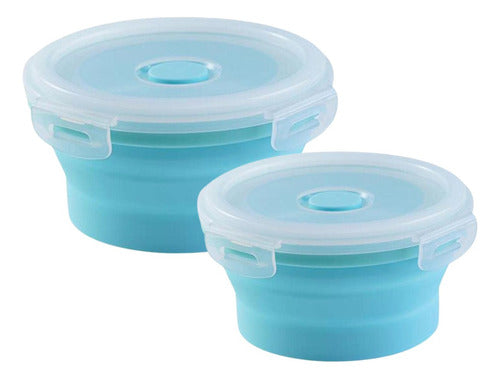 Contenedores Silicona Plegables X2 Tapa Alimentos Microondas Celeste
