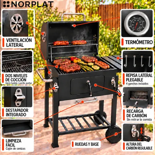 Parrilla Carbón Tapio Norplat Asado Elevador Bbq Grill Rueda Negro