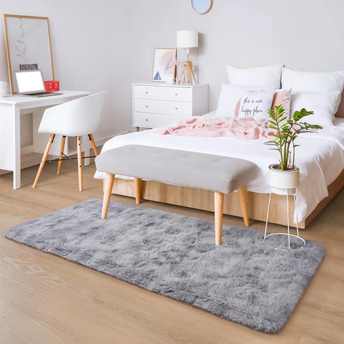 Alfombra Bajada De Cama Peluda 160x60cm 3cm Suave - Norplat Gris Claro Y Blanco Liso