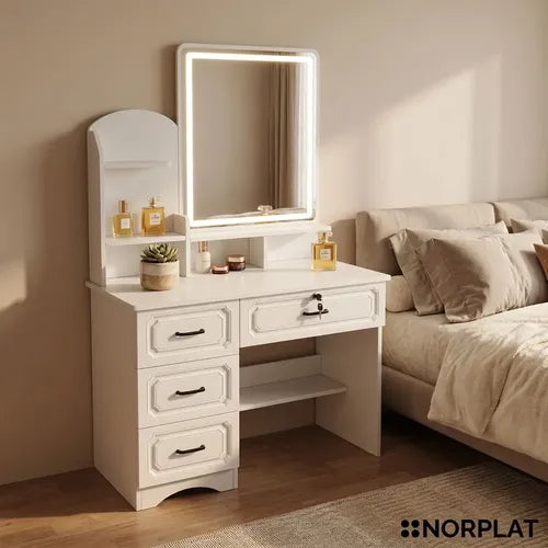 Tocador Norplat Con Espejo 4 Cajones Comoda Organizador Blanco