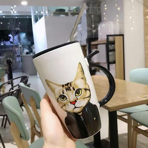 Taza Tazón Grande Gato 650ml Tapa Cuchara Bombilla - Norplat 02 - Blanco