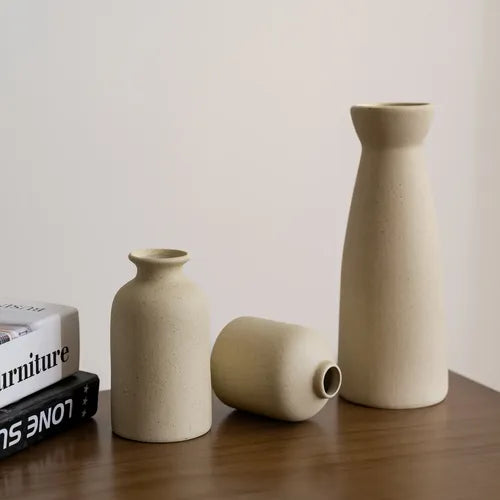 3 Floreros Norplat - Jarron Cerámica Decorativos Para Mesa Crema Lisa