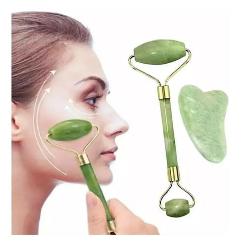 Set Rodillo Gua Sha Piedra Jade Masajeador Facial Linfático Jade
